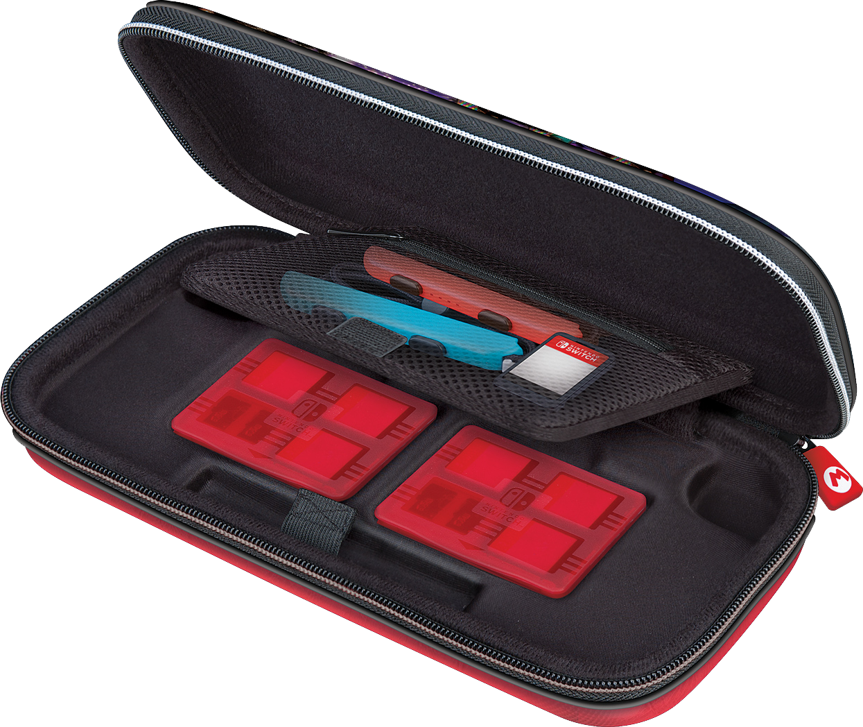 Nintendo Switch case open. The case is red with game cartridges and a blue/red controller.