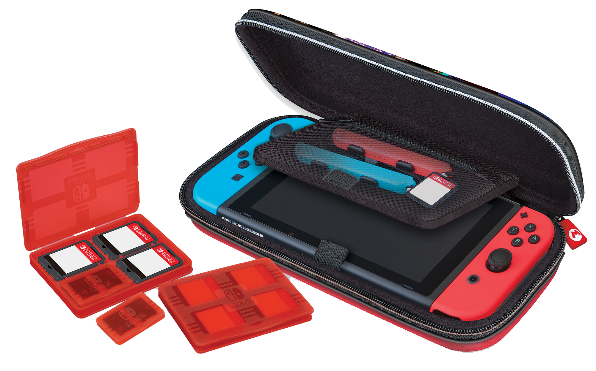 A Nintendo Switch console and accessories inside a case, with game cartridges and storage cases.