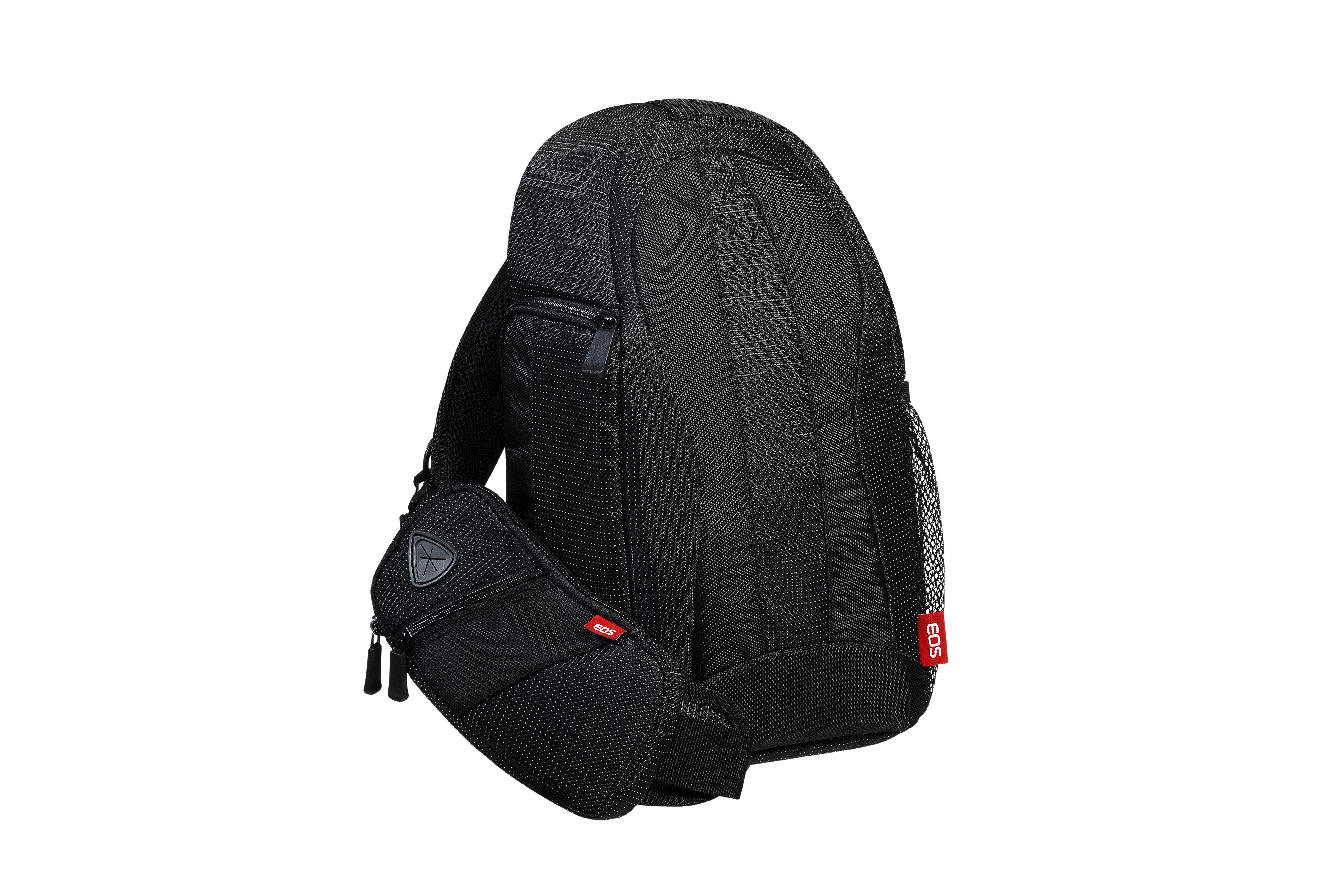 Schwarze Canon EOS Kameratasche mit einer kleineren Zubehörtasche.