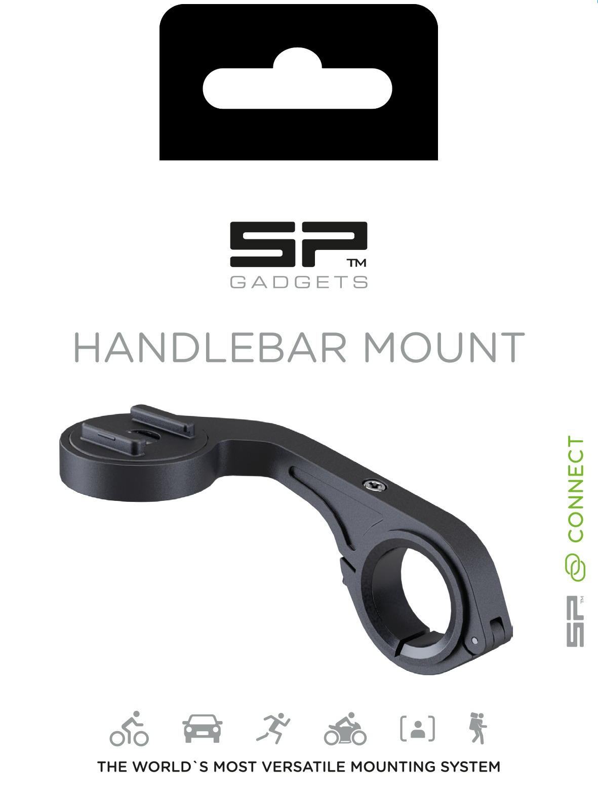 Schwarze Lenkerhalterung. Text: SP Gadgets, Handlebar Mount. Logo und Icons von Aktivitäten. Weißer Hintergrund.