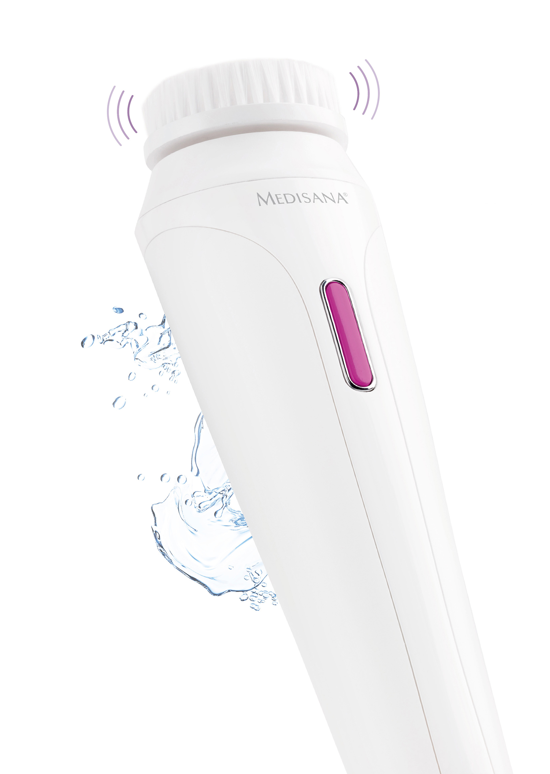 Eine weiße Medisana Gesichtsreinigungsbürste sendet Schallwellen aus. Pinker Knopf und Wassertropfen sind in der Nähe.