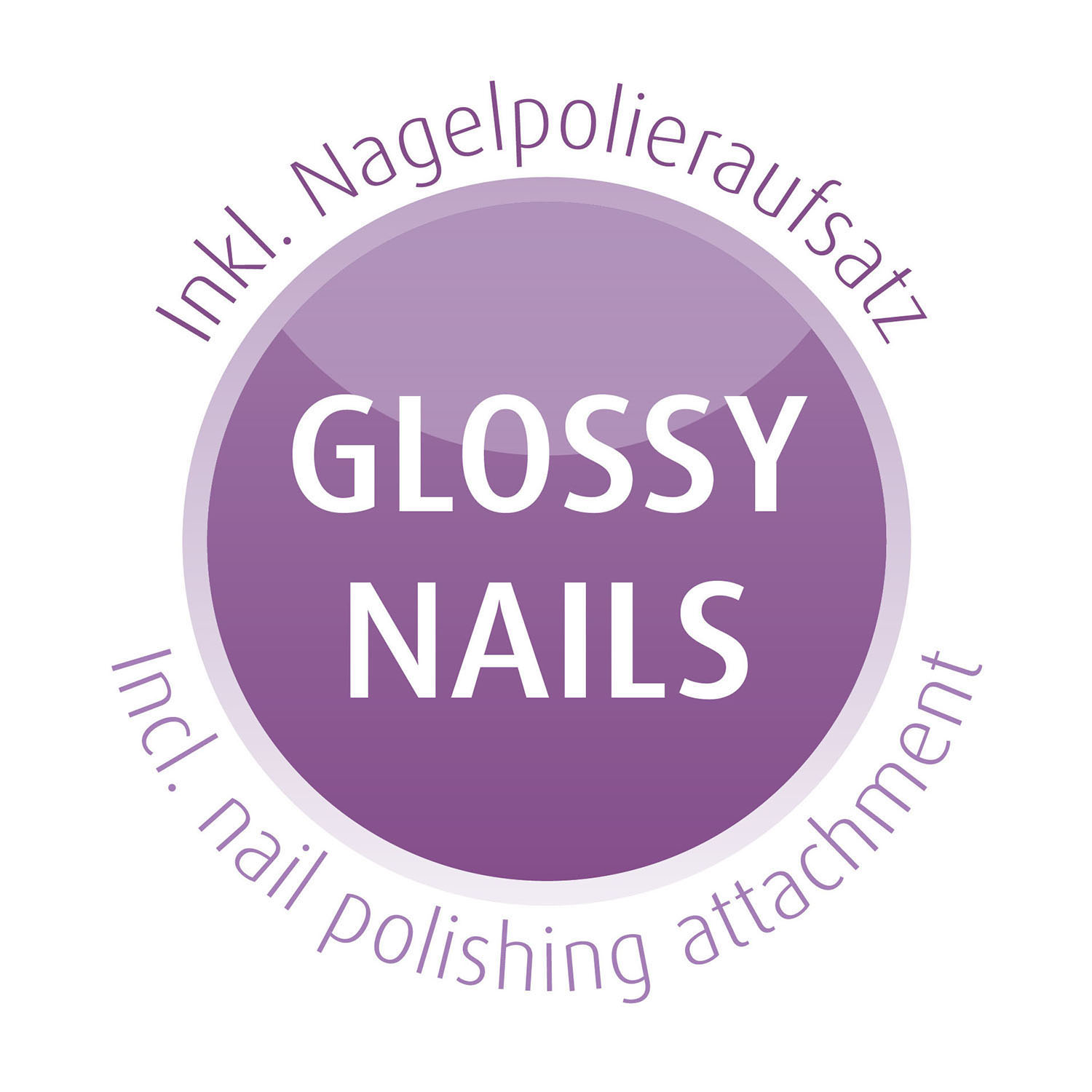 Lila Kreis mit "Glossy Nails" Text. Weißer Hintergrund. Inkl. Nagelpolieraufsatz.