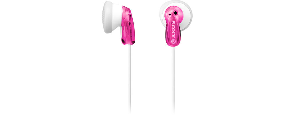 Rosa-weiße In-Ear-Kopfhörer, weißes Kabel, SONY-Logo auf dem Ohrhörer.