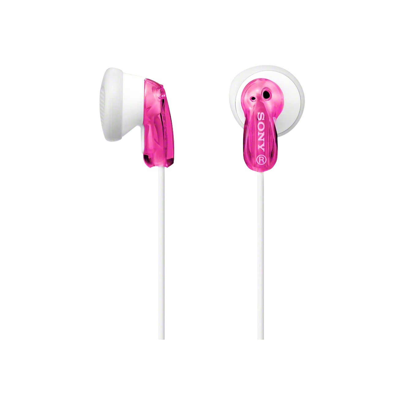 Zwei In-Ear-Kopfhörer mit rosa und weißen Details und weißen Kabeln.
