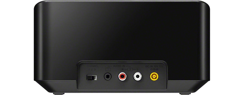 Schwarzes Audiogerät hinten mit Anschlüssen für Kanal, Audio-In und DC-In.