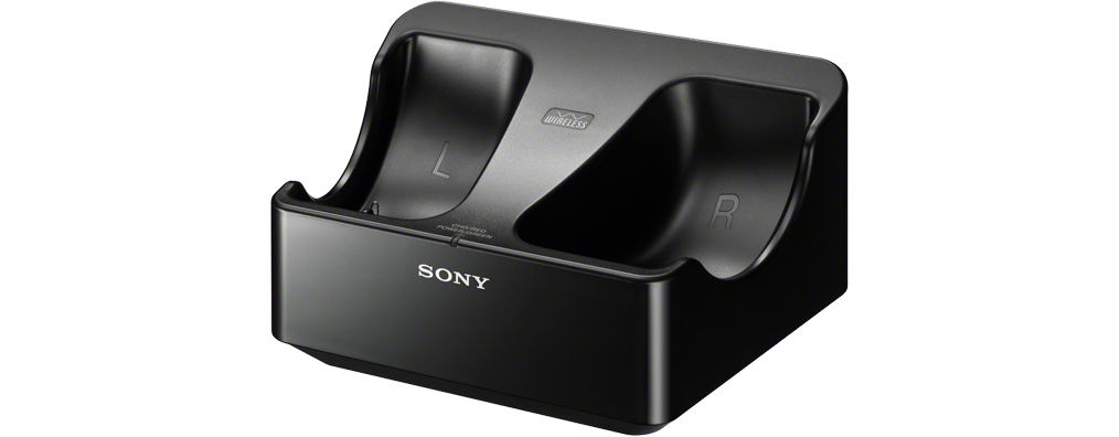 Schwarze Ladestation für Sony PlayStation-Controller. Die Dockingstation hat Schlitze für zwei Controller.