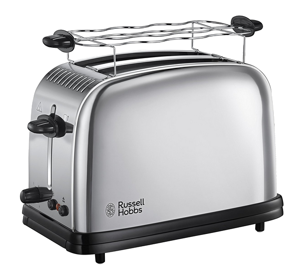 Ezüst Russell Hobbs kenyérpirító fehér háttéren, fekete alappal és vezérlőkkel, melegítőráccsal.
