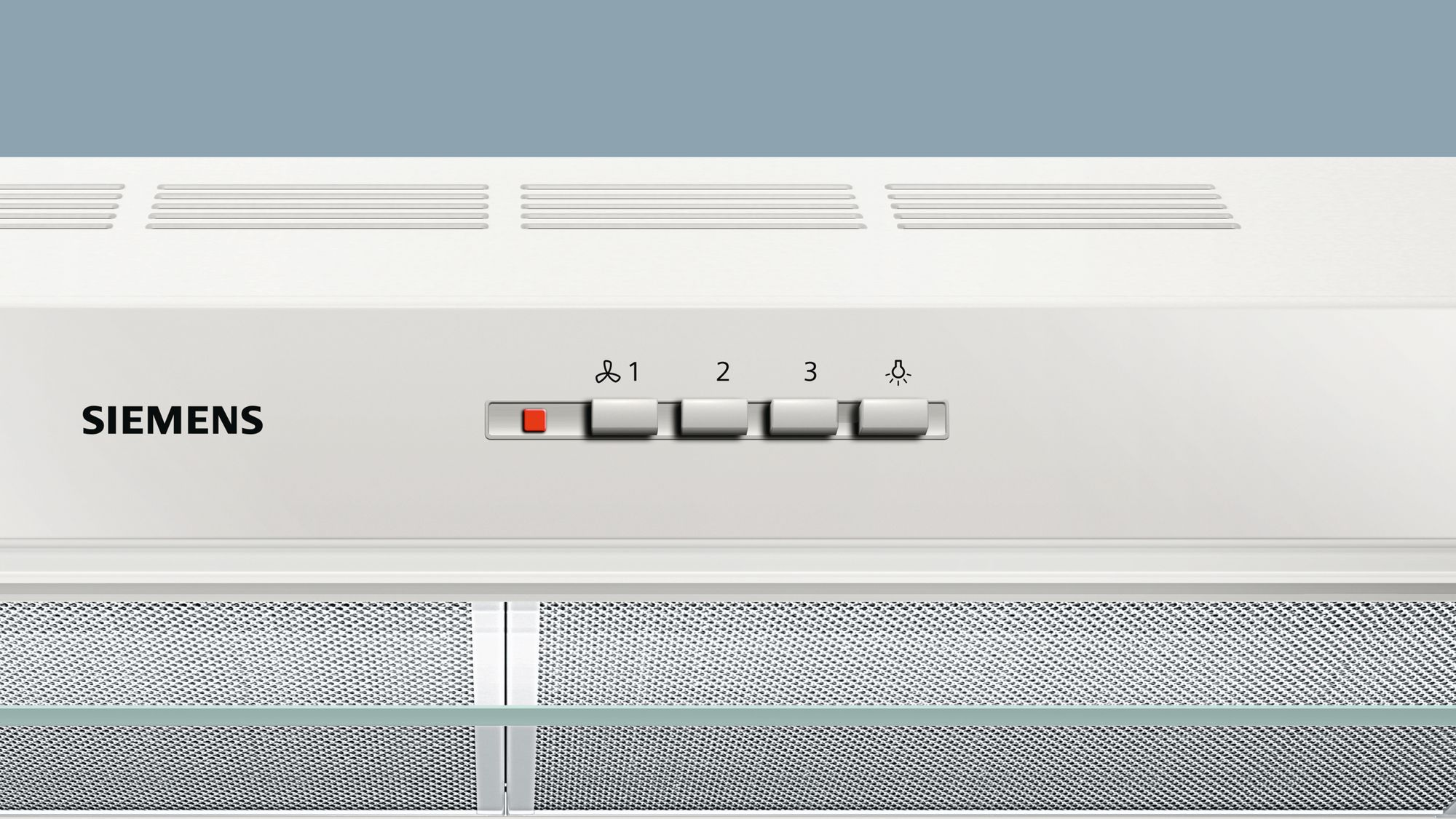 Close-up of white Siemens range hood control panel with buttons.