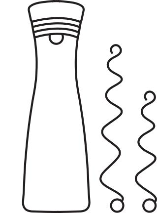 Strichzeichnung einer Pfeffermühle mit zwei lockigen Metallstücken. Die Mühle ist hoch und dünn.