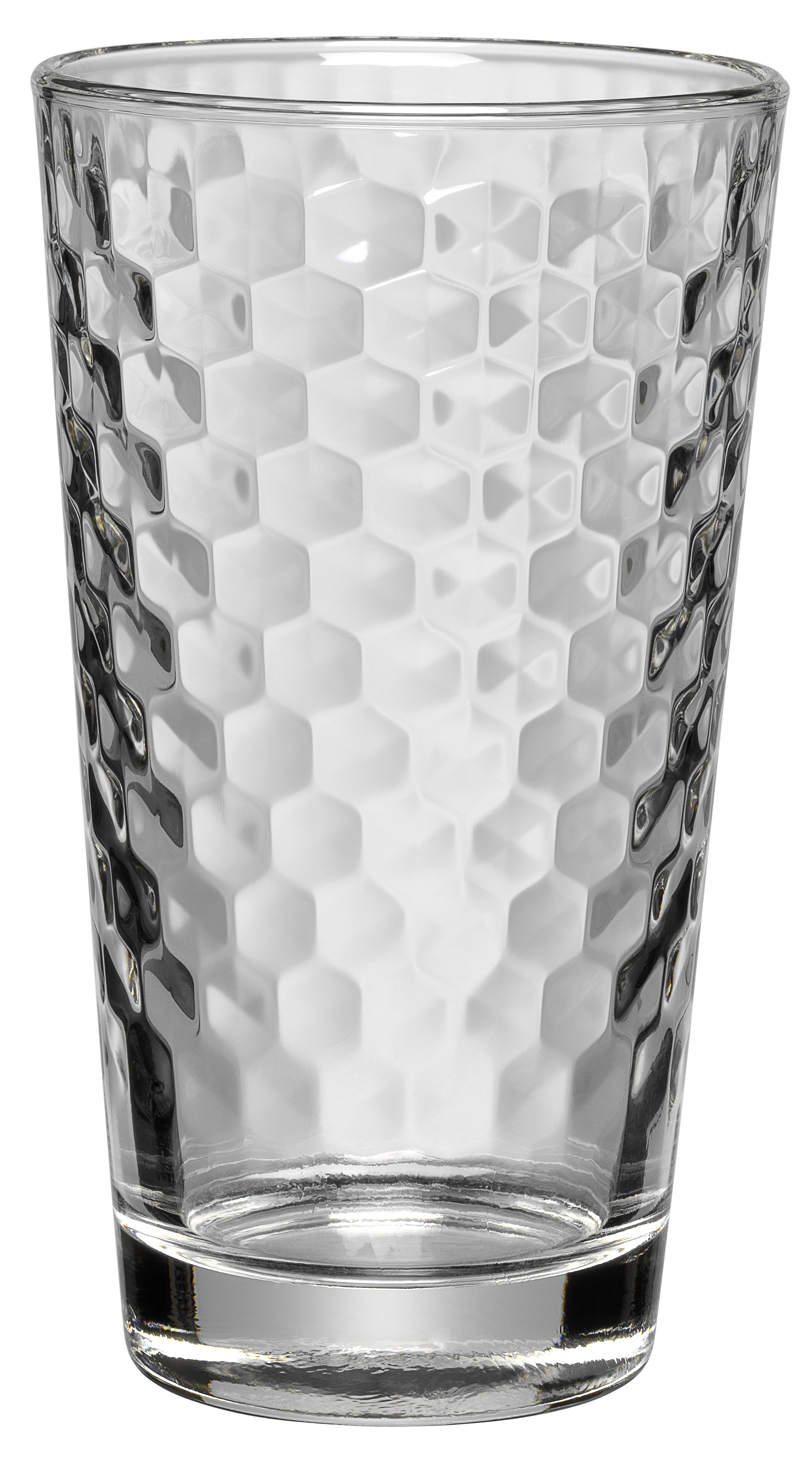 Ein klares, gemustertes Glas. Es hat ein Wabenmuster. Der Hintergrund ist weiß.