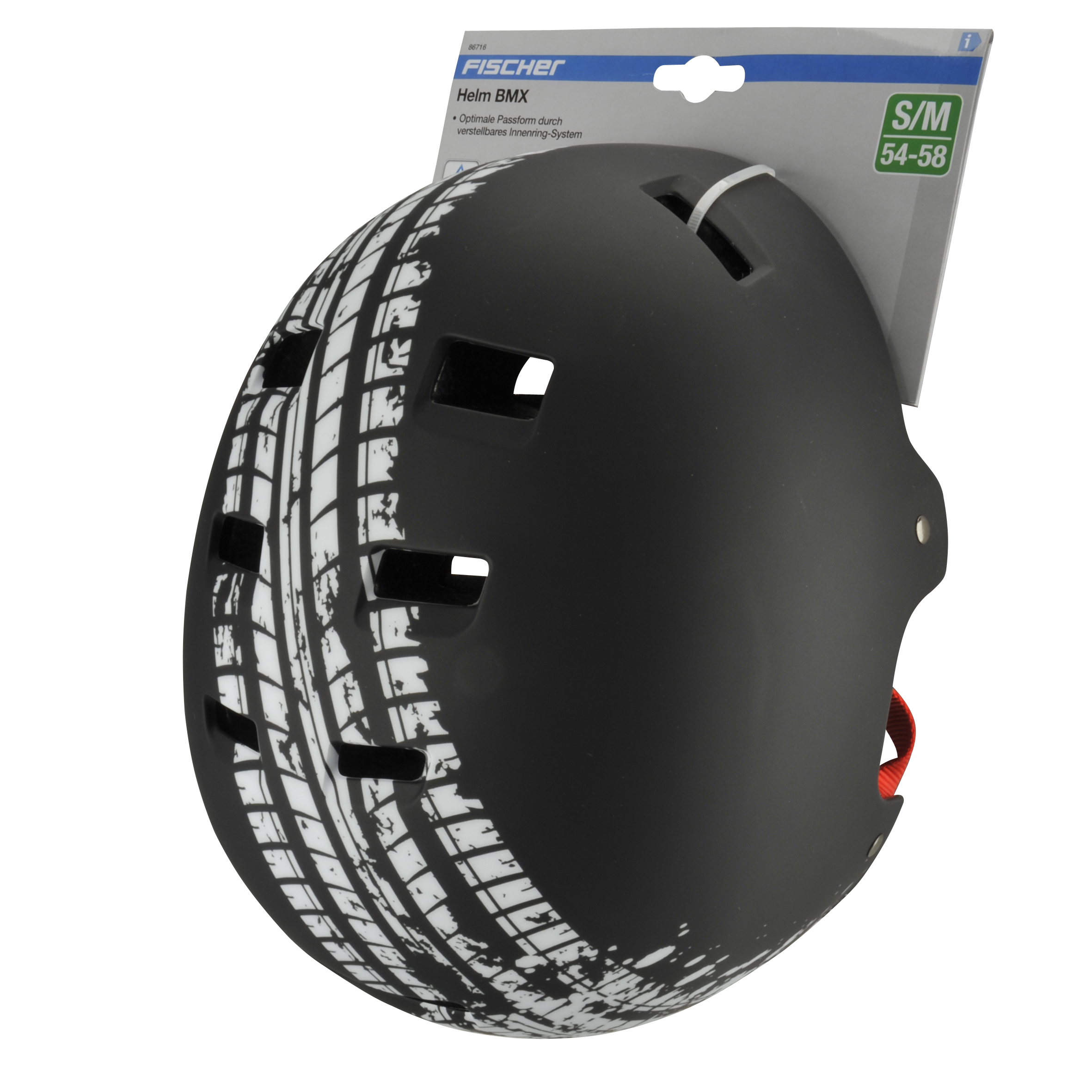 Schwarzer BMX-Helm mit weißem Reifenspuren-Design und Fischer-Etikett.