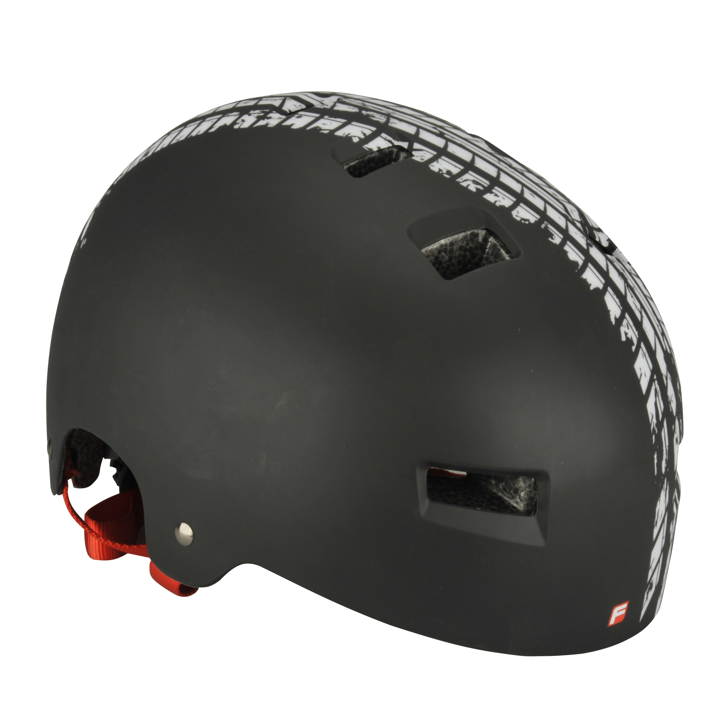 Ein schwarzer Fahrradhelm mit weißem Muster. Der Helm befindet sich auf weißem Hintergrund.
