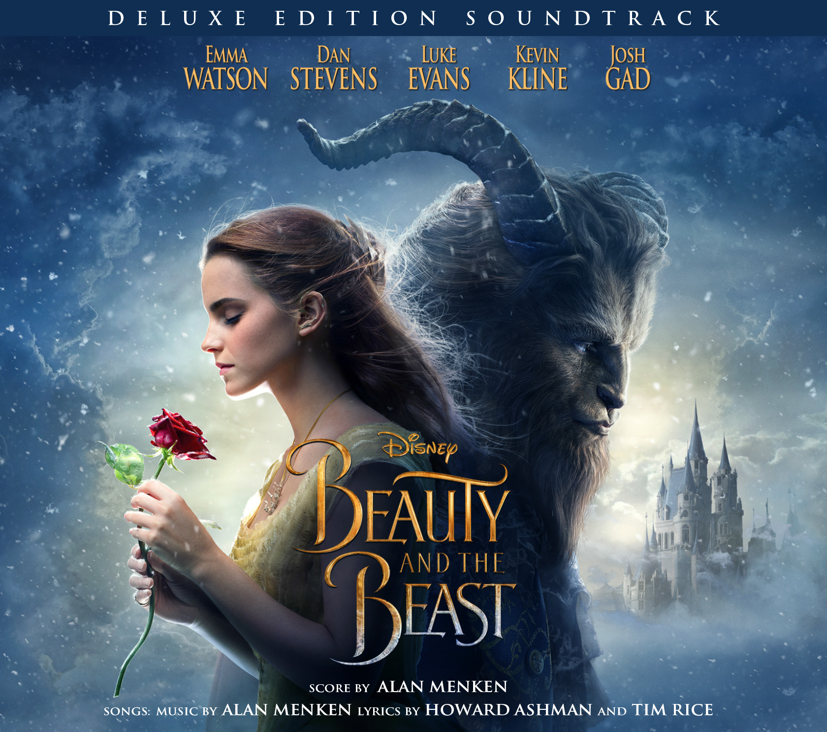 Cover van de film Beauty and the Beast. Emma Watson houdt een rode roos vast, met het Beest en kasteel.