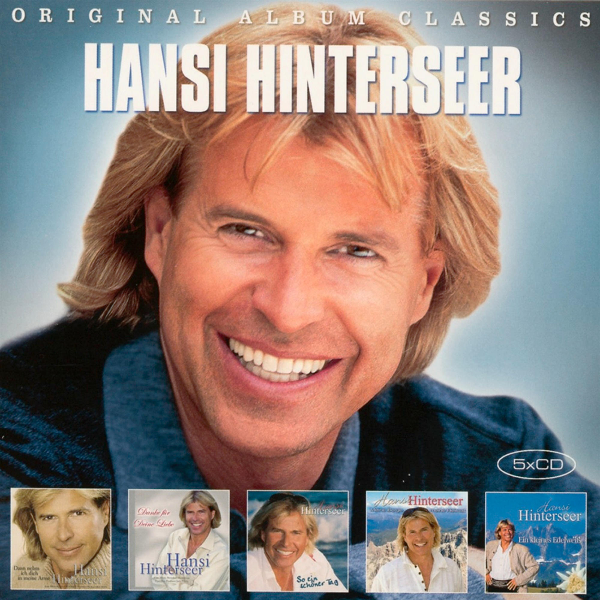 Albumcover, ein lächelnder Mann. Text 'Hansi Hinterseer' und mehrere kleinere Albumcover darunter.