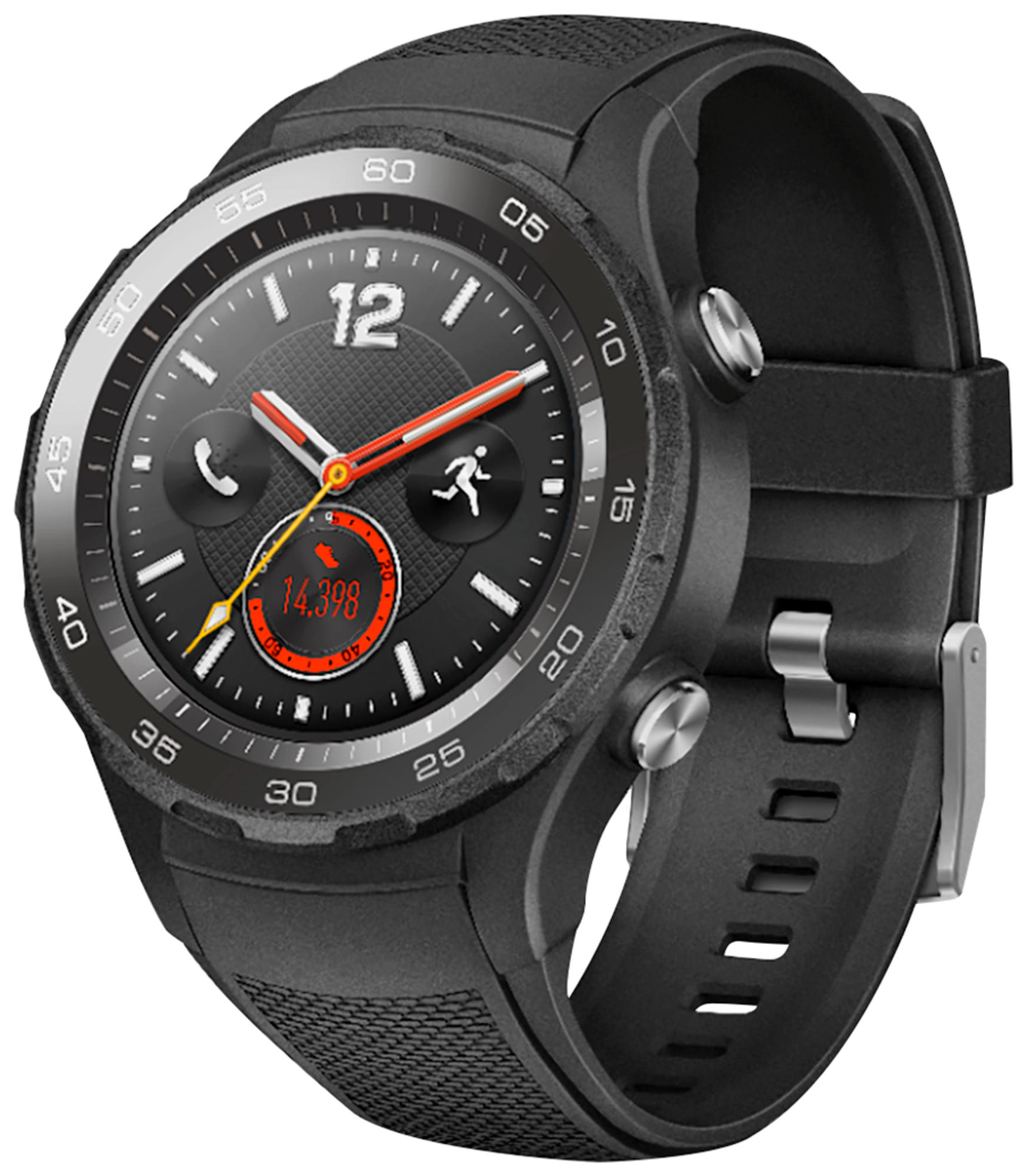 Reloj inteligente Huawei negro con esfera redonda y correa negra. Está en ángulo a la derecha.