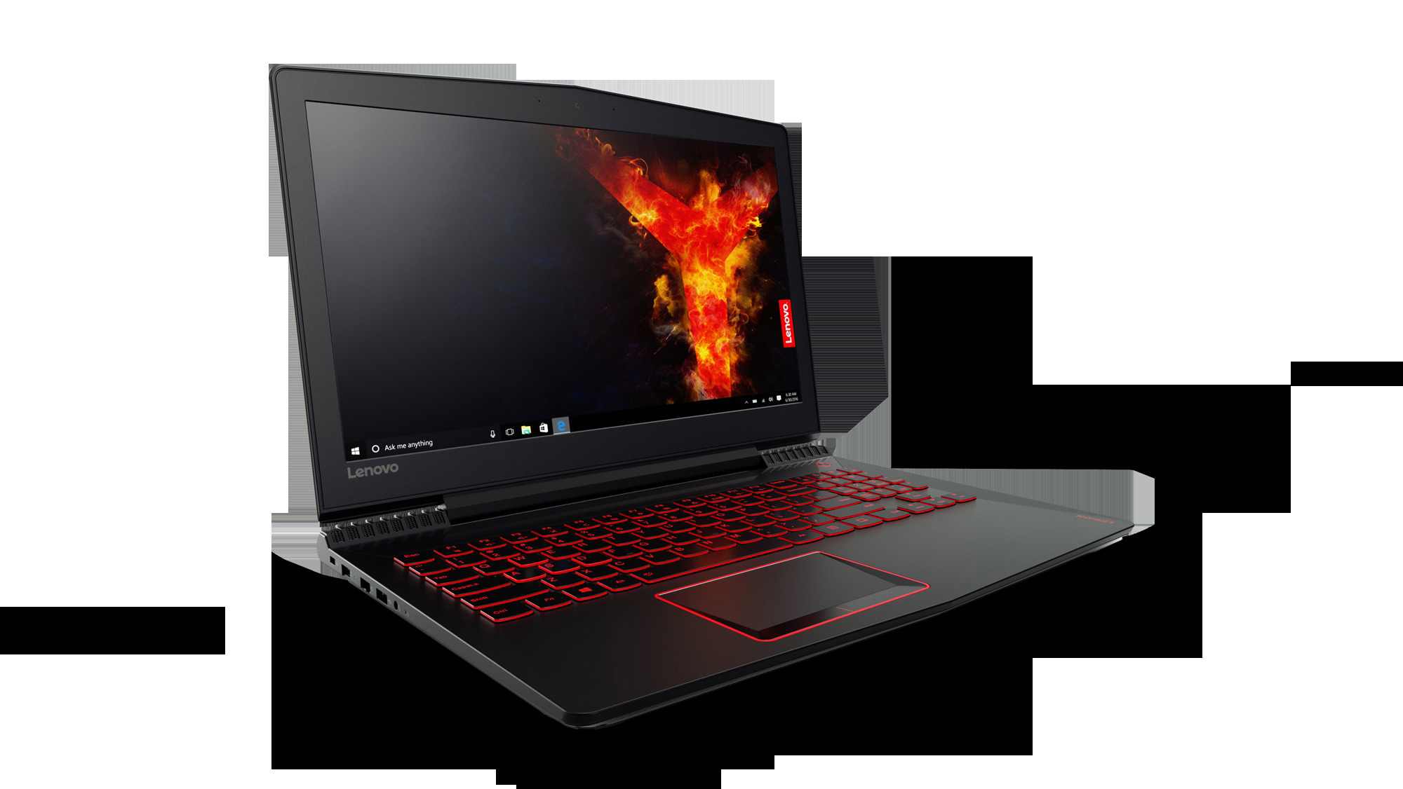 Schwarzer Lenovo-Laptop mit roter Tastaturbeleuchtung. Rote und gelbe Flammen auf dem Bildschirm. Weißer Hintergrund.