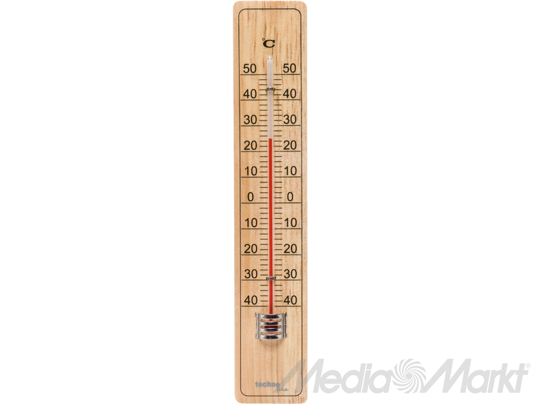 Fa hőmérő Celsius fokokkal, piros folyadék vonallal. A skála -30-tól 50-ig terjed.