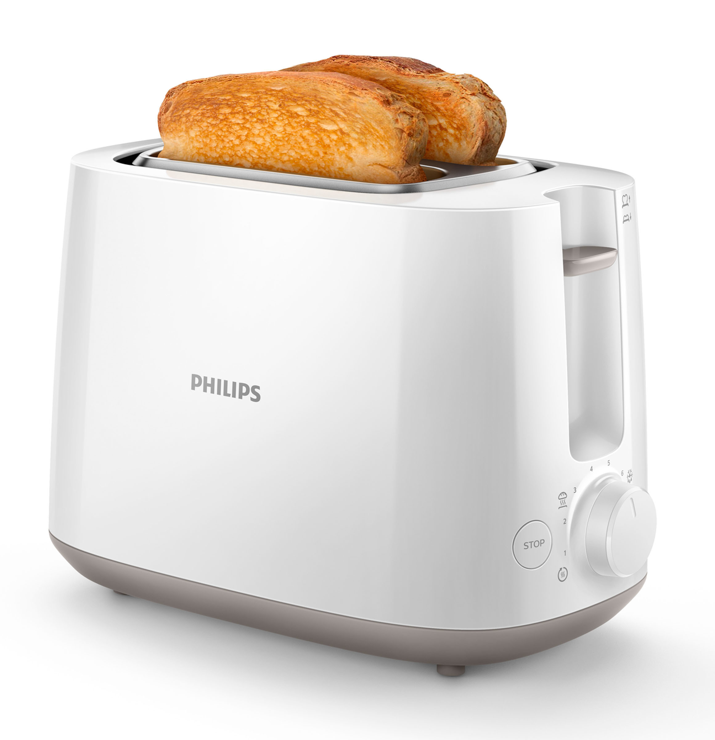 Ein weißer Toaster mit zwei Toastscheiben. Er hat ein Philips-Logo und einen Drehregler.
