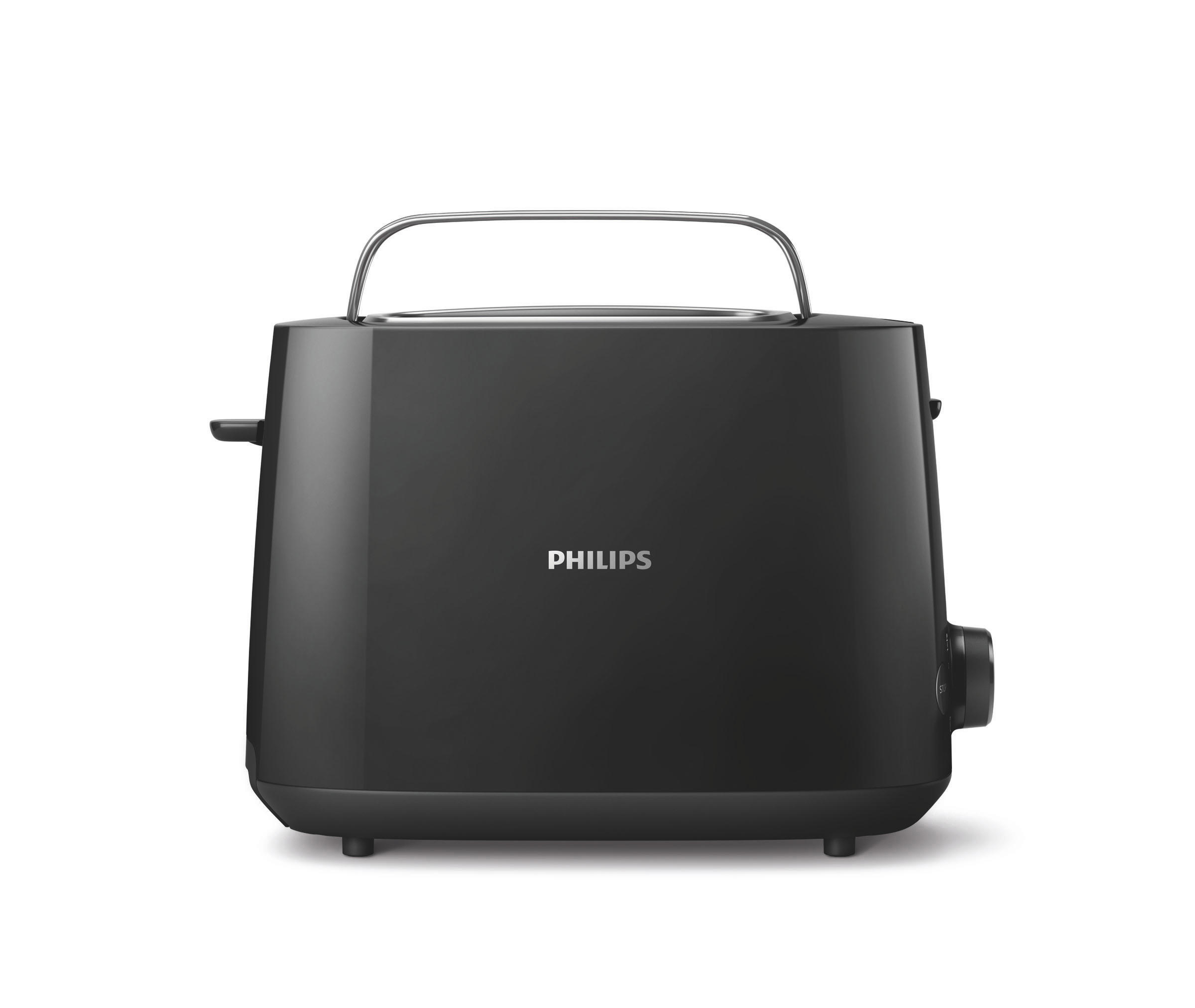 Schwarzer Philips Toaster mit Griff oben.