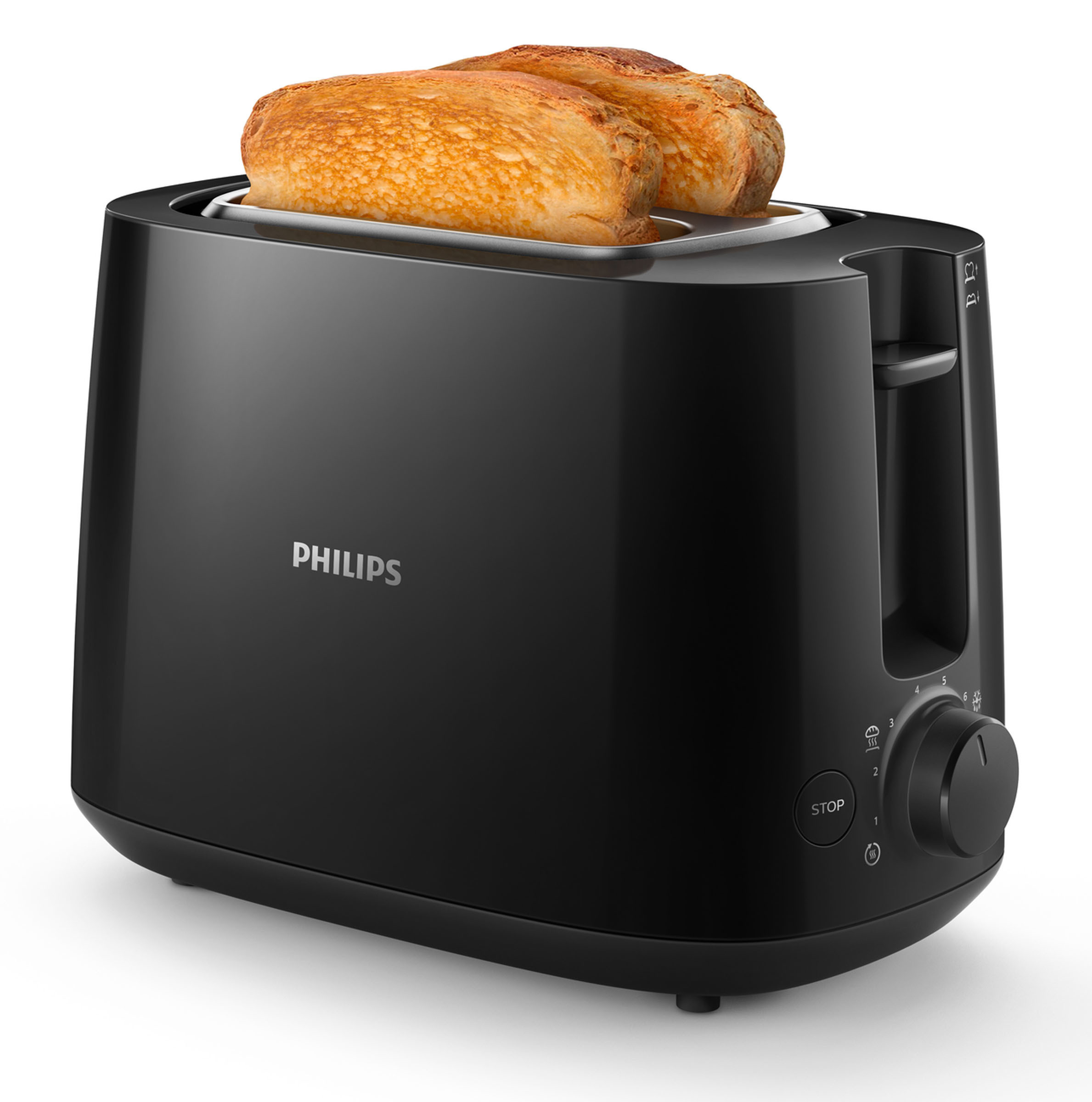 Schwarzer Toaster mit zwei Toastscheiben. Das Gerät steht auf weißem Hintergrund.