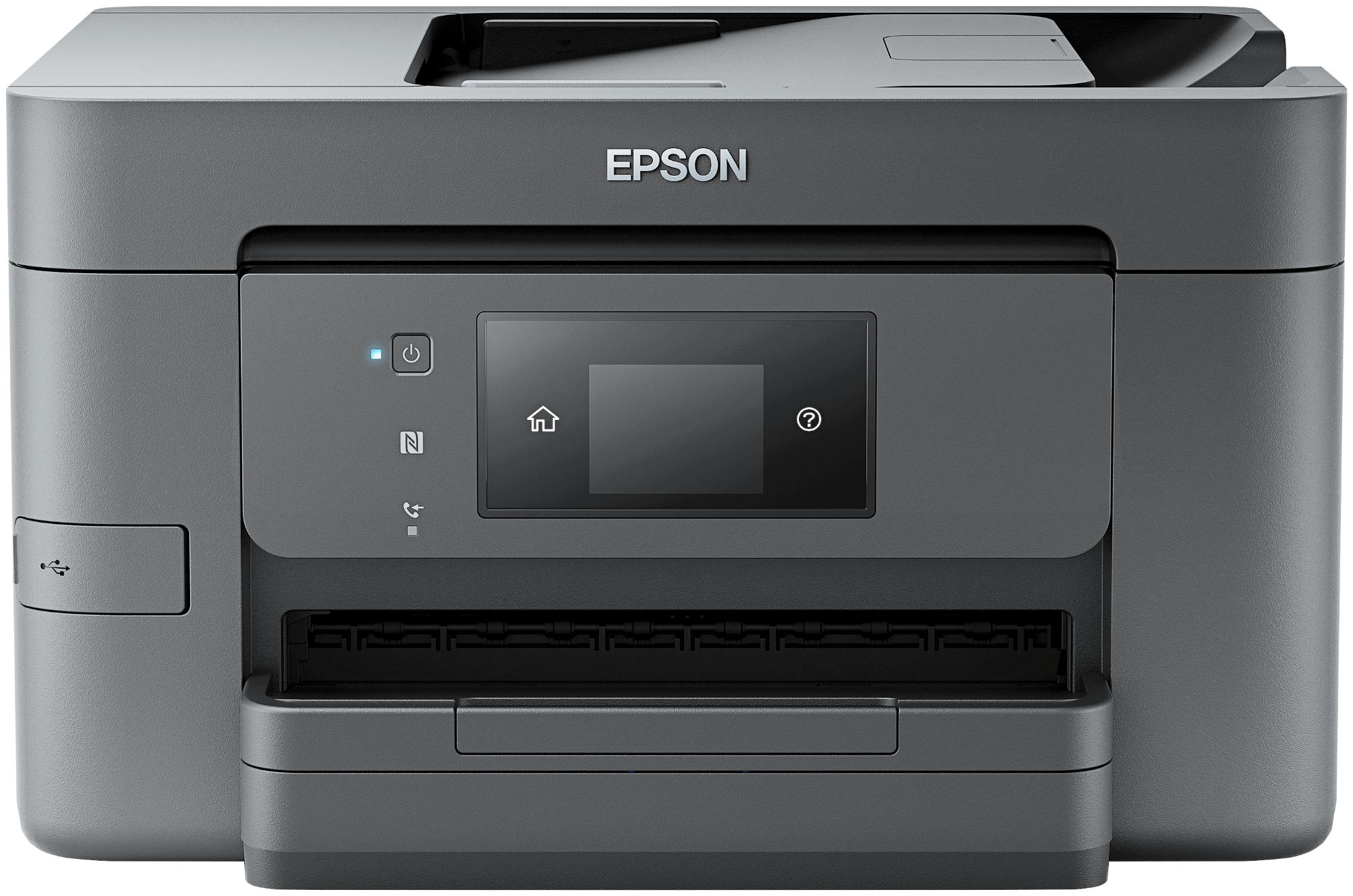 Grauer Epson-Drucker. Enthält einen Bildschirm, einen USB-Anschluss und ein Papierausgabefach unten.