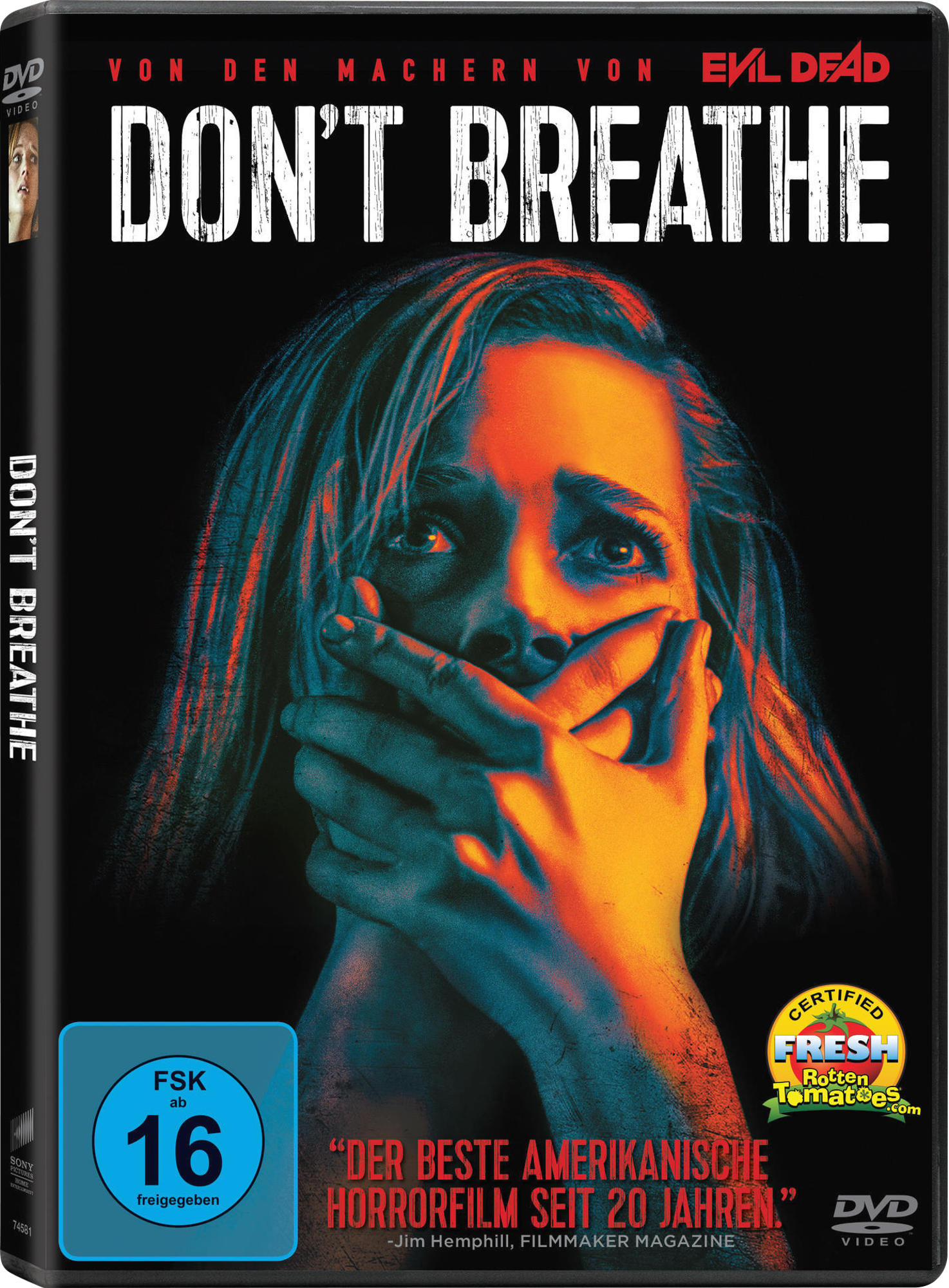 DVD-Cover mit einer Frau, die sich den Mund bedeckt. Text: Don't Breathe.