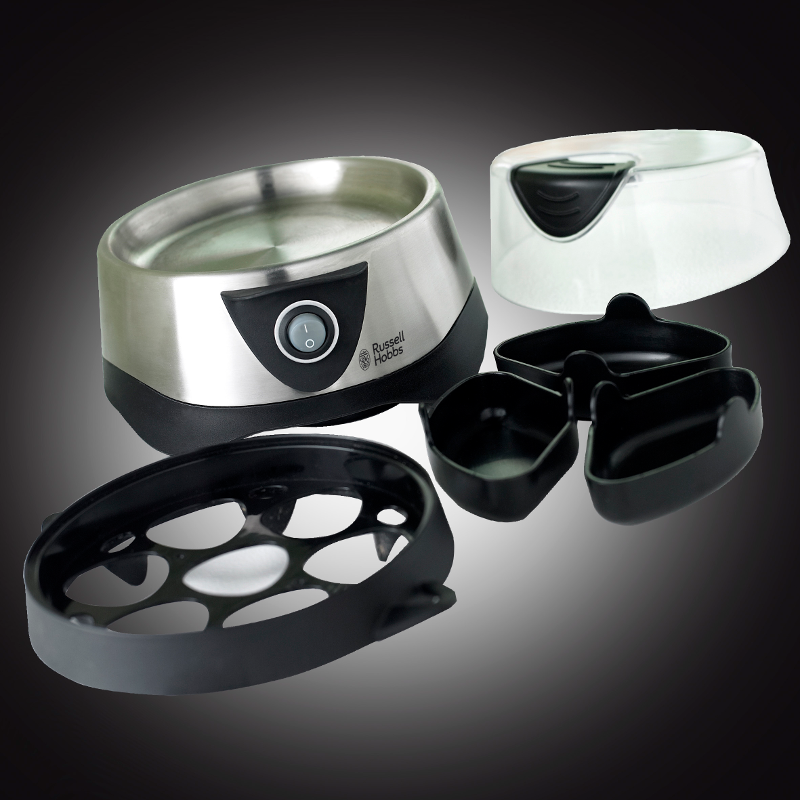 Russell Hobbs tojásfőző tartozékokkal. Rozsdamentes acél alap és fehér-fekete részek.