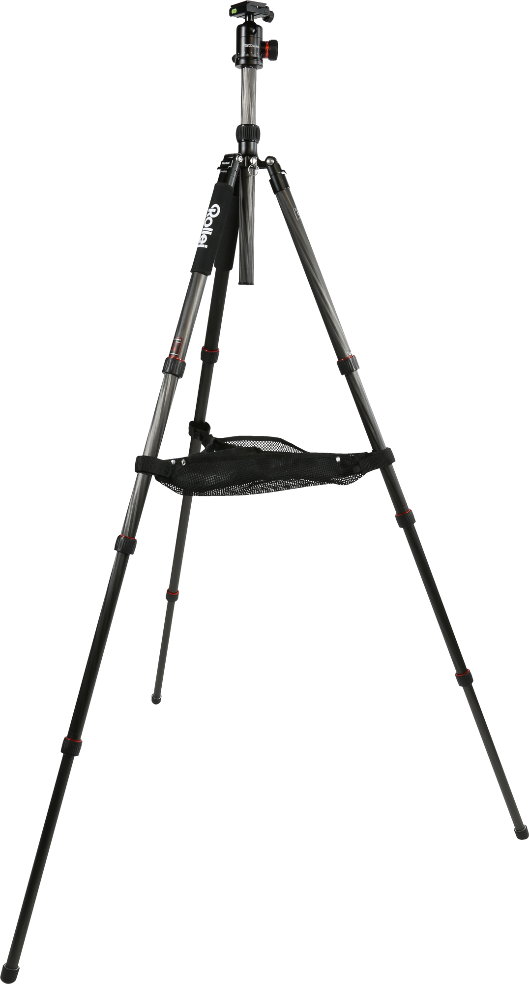 Tripod with black legs and a black net. White background.