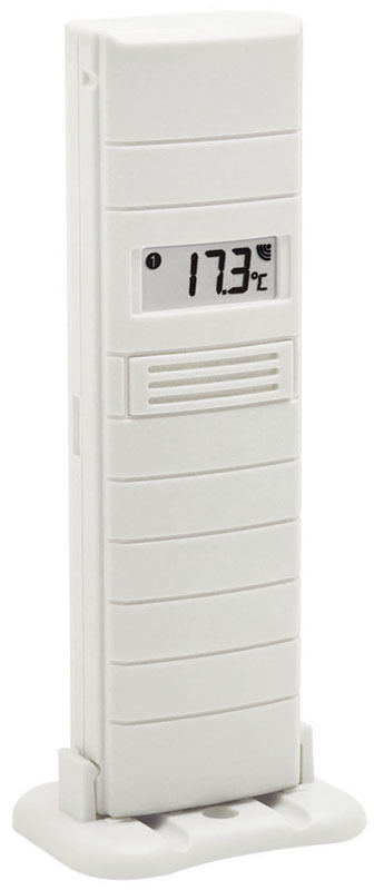 Weiße, rechteckige Wetterstation mit digitaler Anzeige, die 17,3 °C anzeigt.