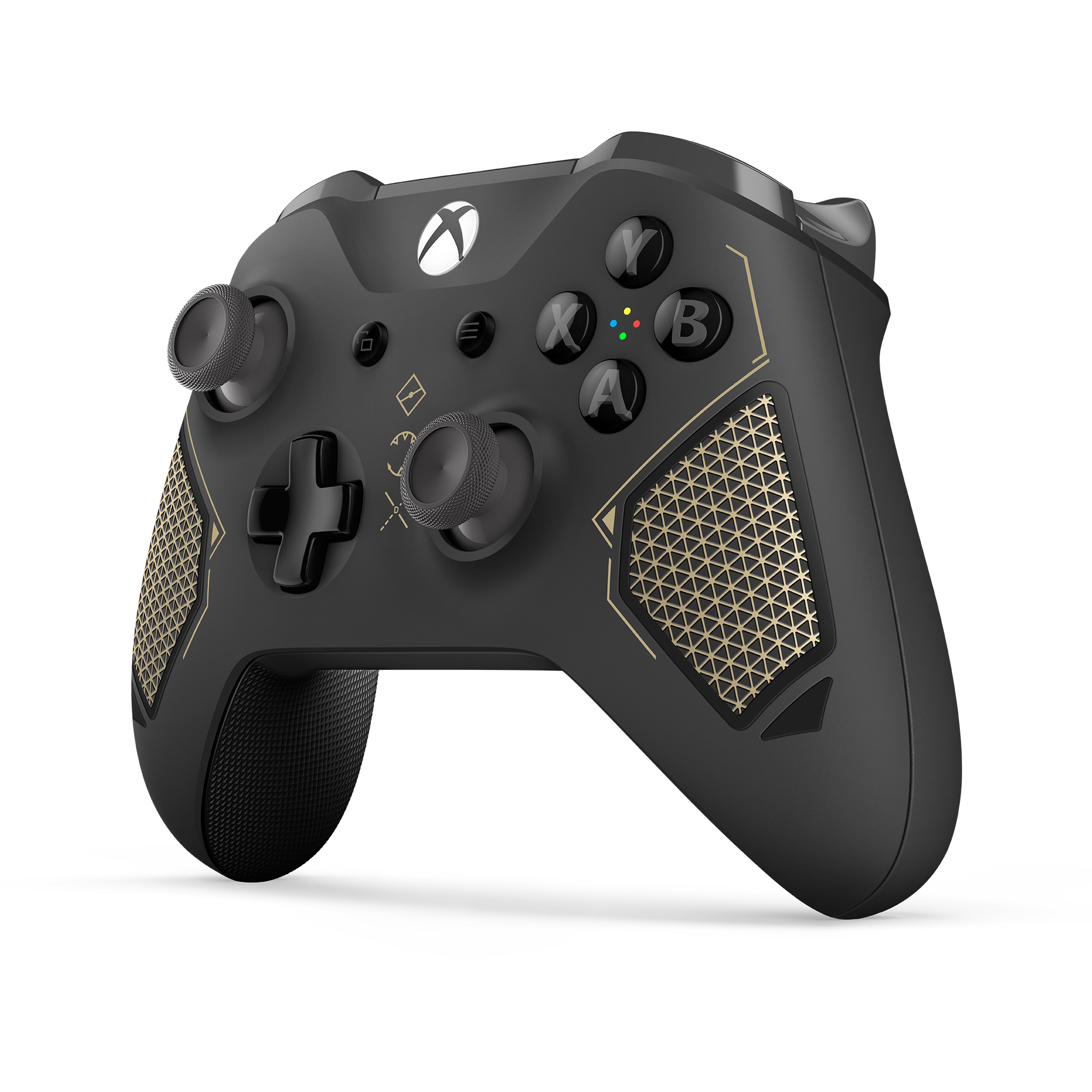 Schwarzer Xbox-Controller mit goldenen Akzenten. Knöpfe und Joysticks sind sichtbar.