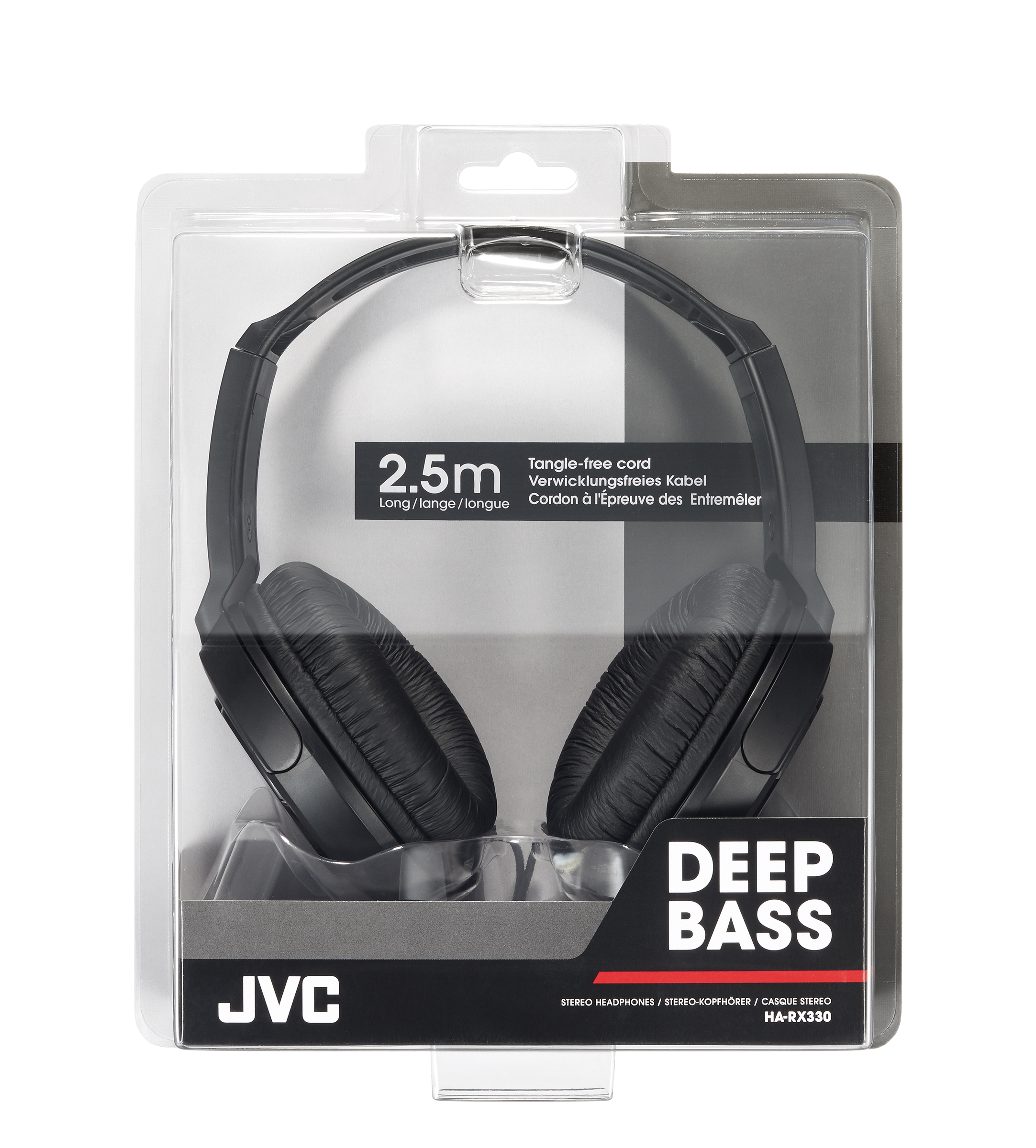 Black JVC headphones in a clear plastic package.