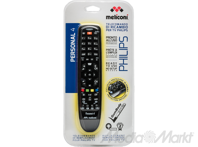 Meliconi Philips TV távirányító buborékcsomagolásban. Fekete távirányító sok gombbal.