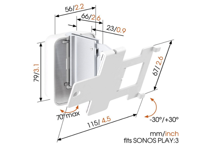 Fehér Sonos Play:3 fali tartó, méretekkel és szögekkel, fehér háttér.