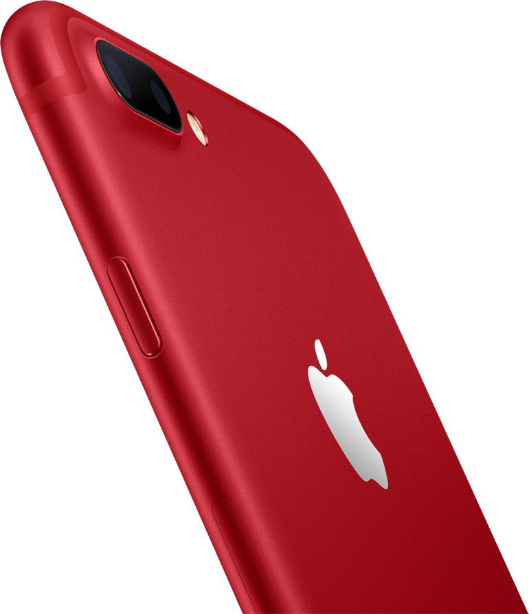 Rotes iPhone 7 Plus mit weißem Apple-Logo. Zeigt Kamera und Seitentaste.