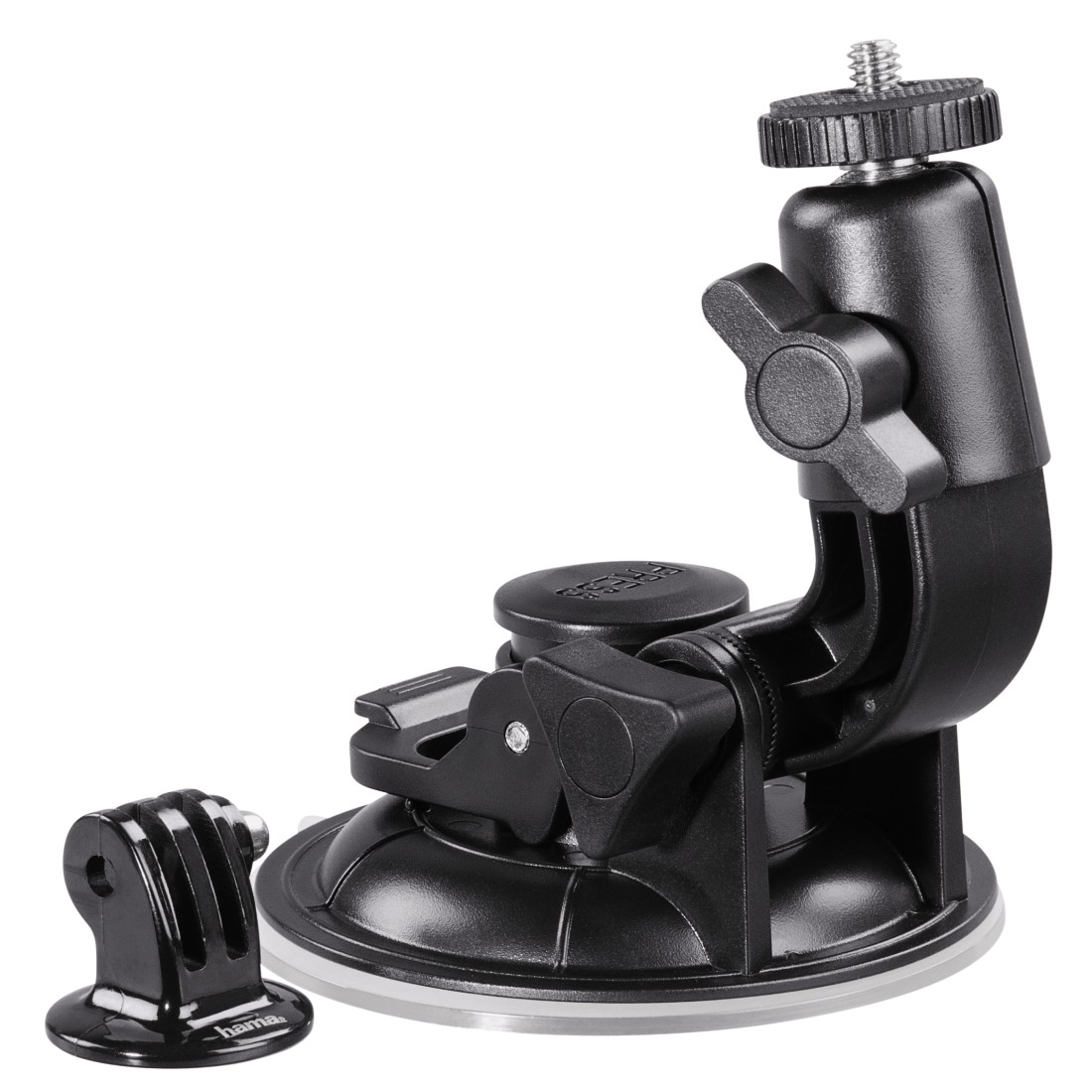 Black camera mount with a suction cup base, for mounting on surfaces.