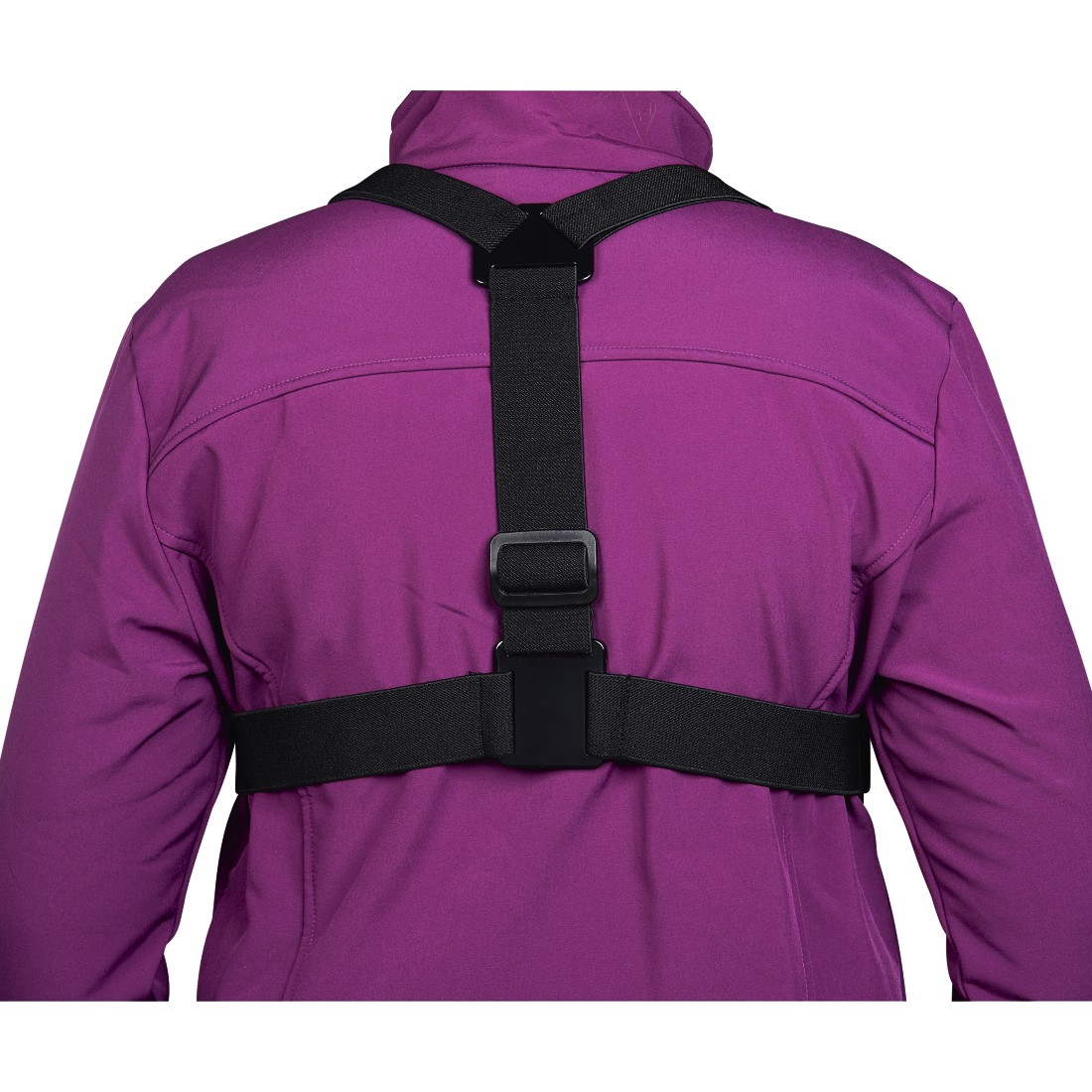 A person wearing a magenta jacket, with a black harness system attached to their back for action camera.