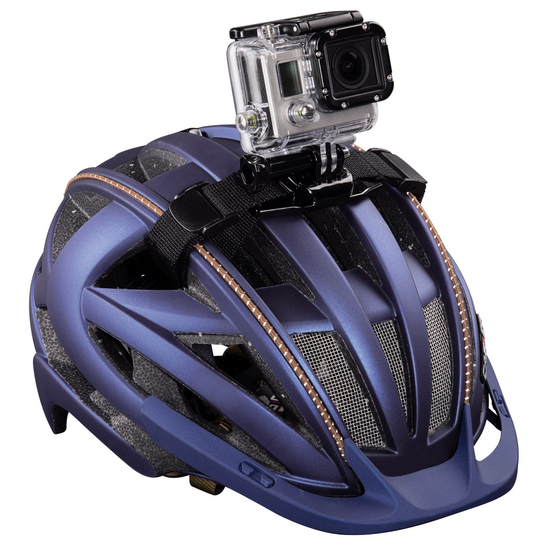 Blue helmet with action camera mounted on top.