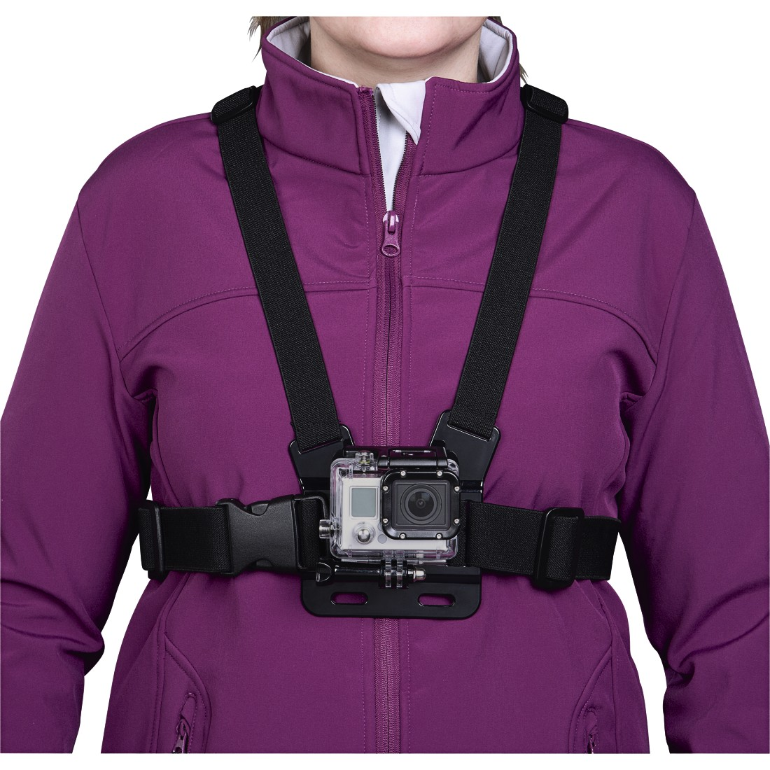 A person wearing a chest harness with a GoPro camera attached, against a purple jacket background.