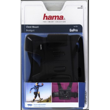 Black chest mount for GoPro camera, packaged in a blister pack. Image of a person wearing it.