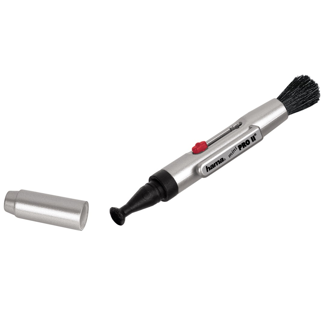 Silver and black cleaning brush with a red button and a cap, on a white background.