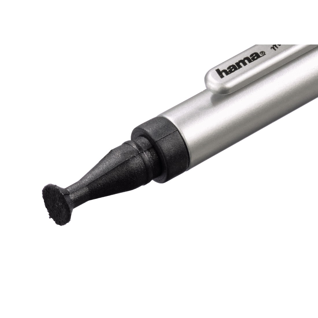 A stylus pen with a silver body and a black, rounded tip for touchscreen use.