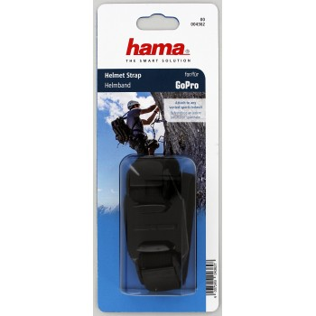 Black helmet strap packaging for GoPro cameras, with a picture of a climber.