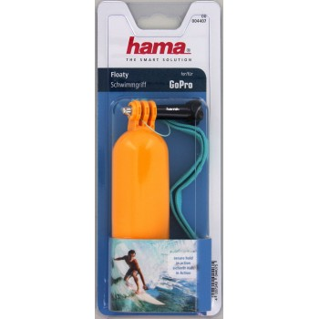 Orange GoPro floaty in a transparent package, with a blue strap. The packaging shows a surfer.