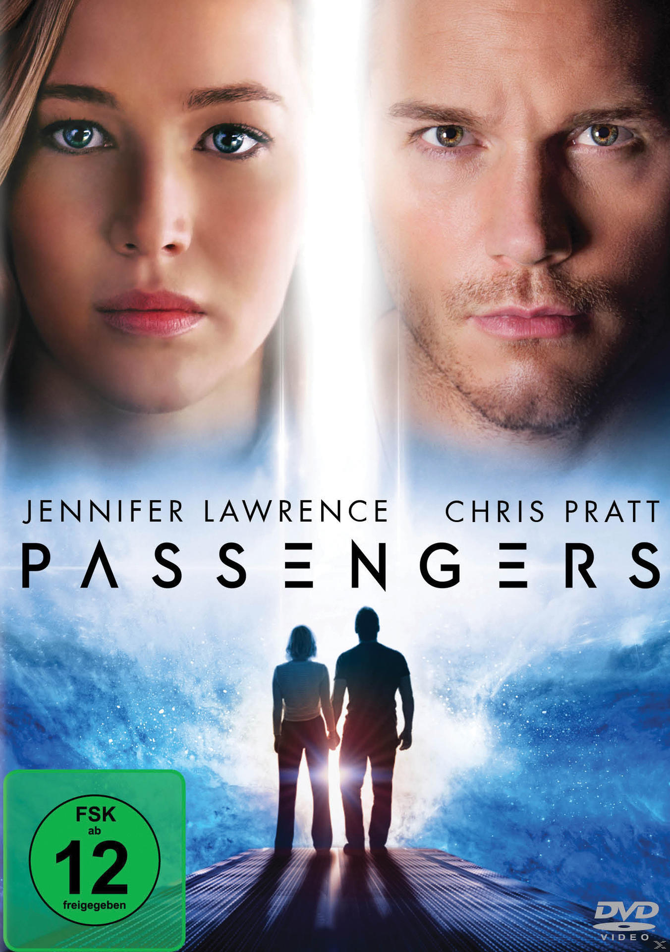 DVD-Cover mit zwei Gesichtern: Jennifer Lawrence und Chris Pratt. Titel: "PASSENGERS". Blauer Hintergrund.