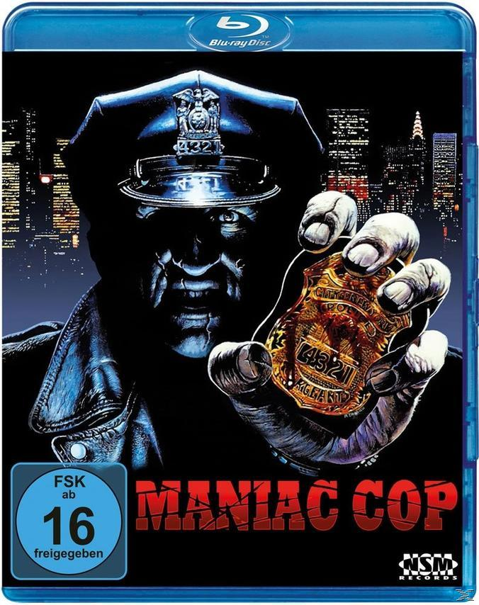 Blu-ray-Cover mit einem Polizisten, der ein Abzeichen vor einer Skyline hält. Text: Maniac Cop.