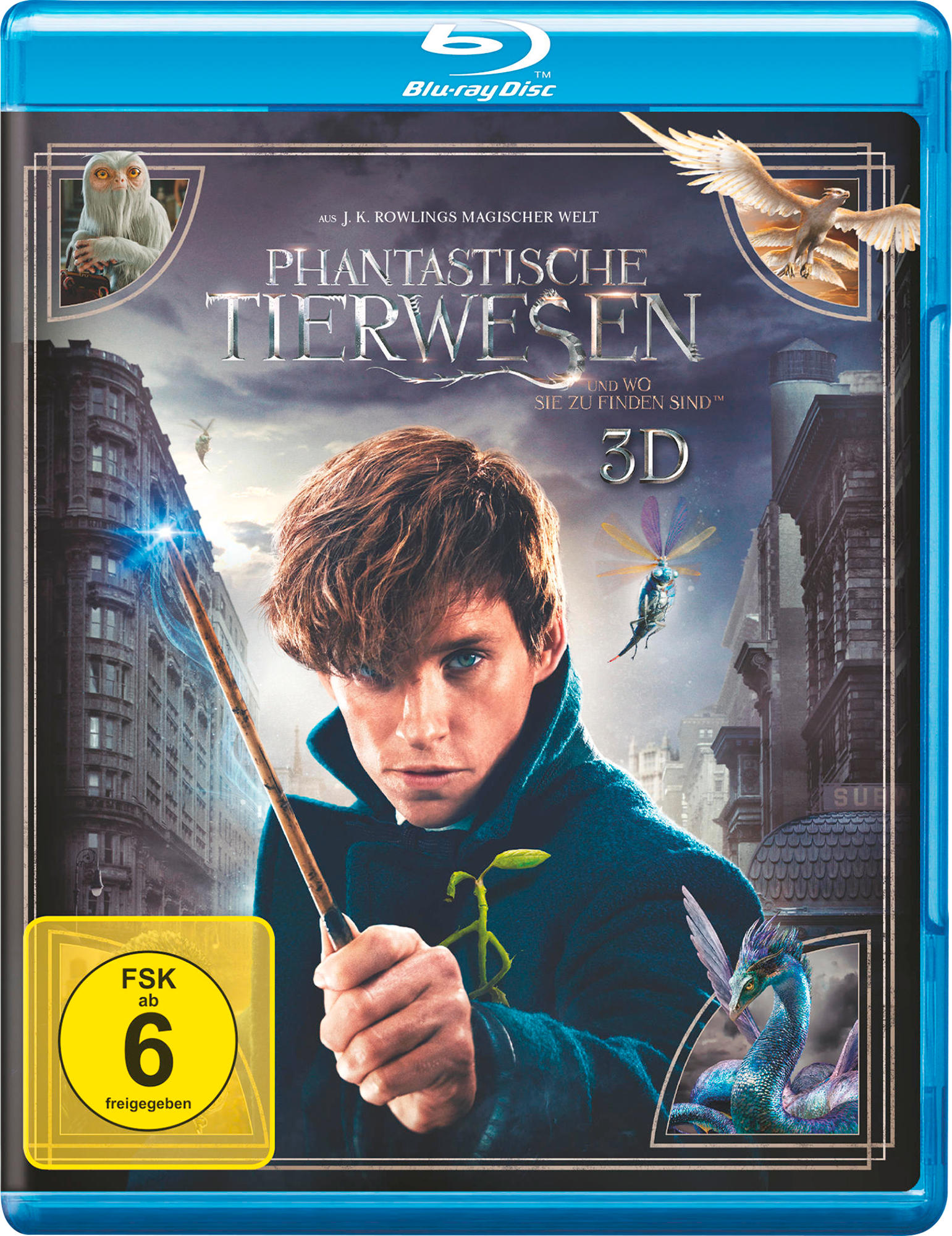 Blu-ray-Cover: 'Phantastische Tierwesen'. Mann mit Zauberstab, Kreaturen und Stadtkulisse. Blu-ray-Logo.