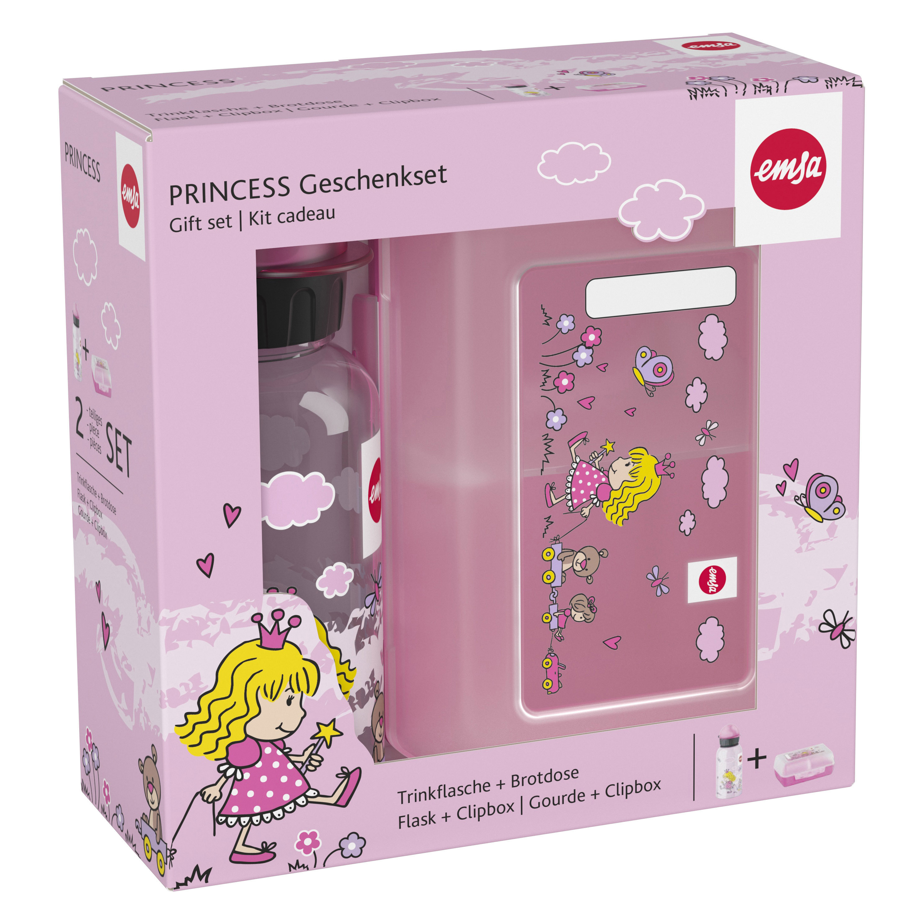 Rosa Prinzessinnen-Geschenkset, enthält Wasserflasche, Clipbox und Schachtel mit Prinzessinnen-Grafiken.