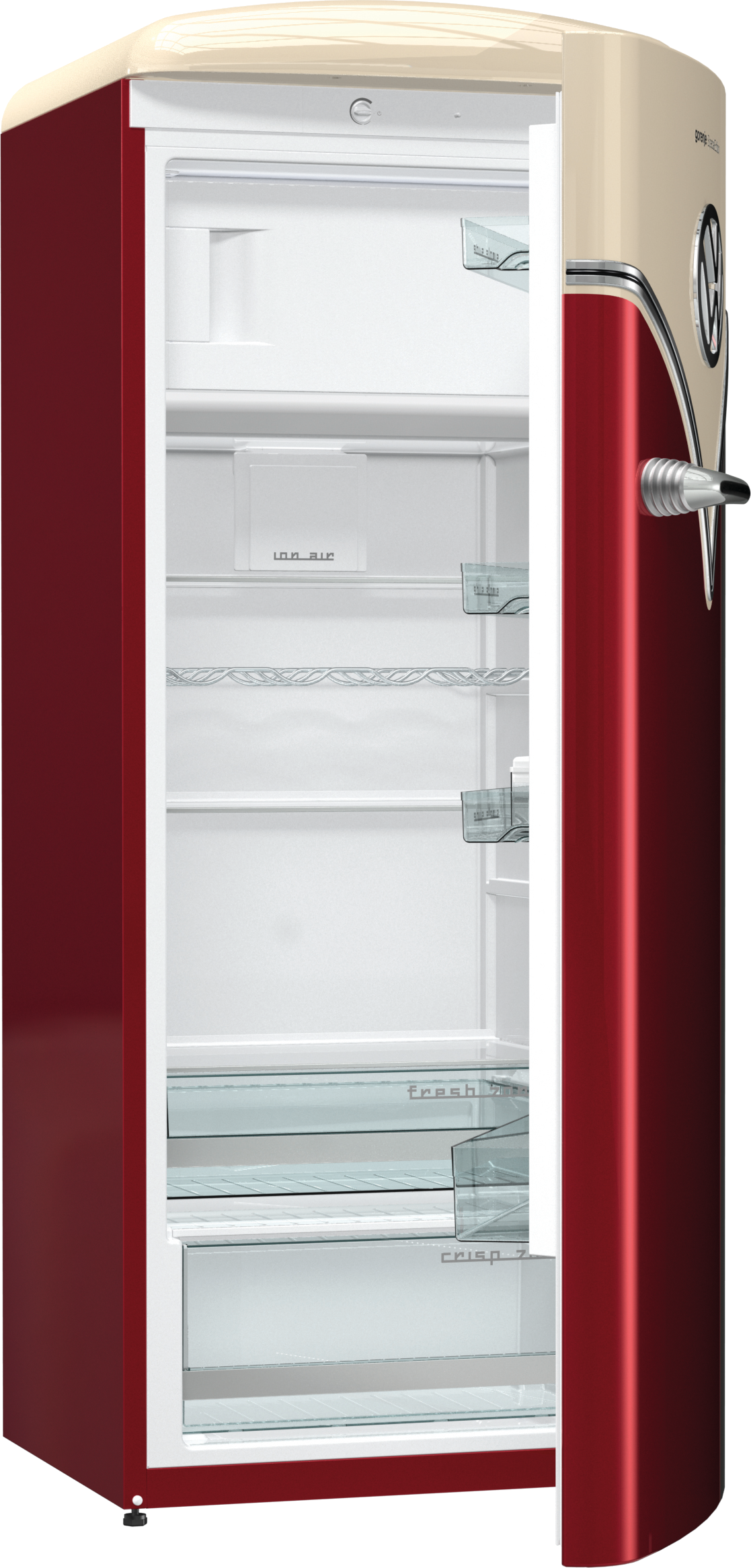 GORENJE OBRB 153 R Retro design hűtőszekrény, Ionair+ Dynamicooling hűtés, FreshZone frissentartó, bordó