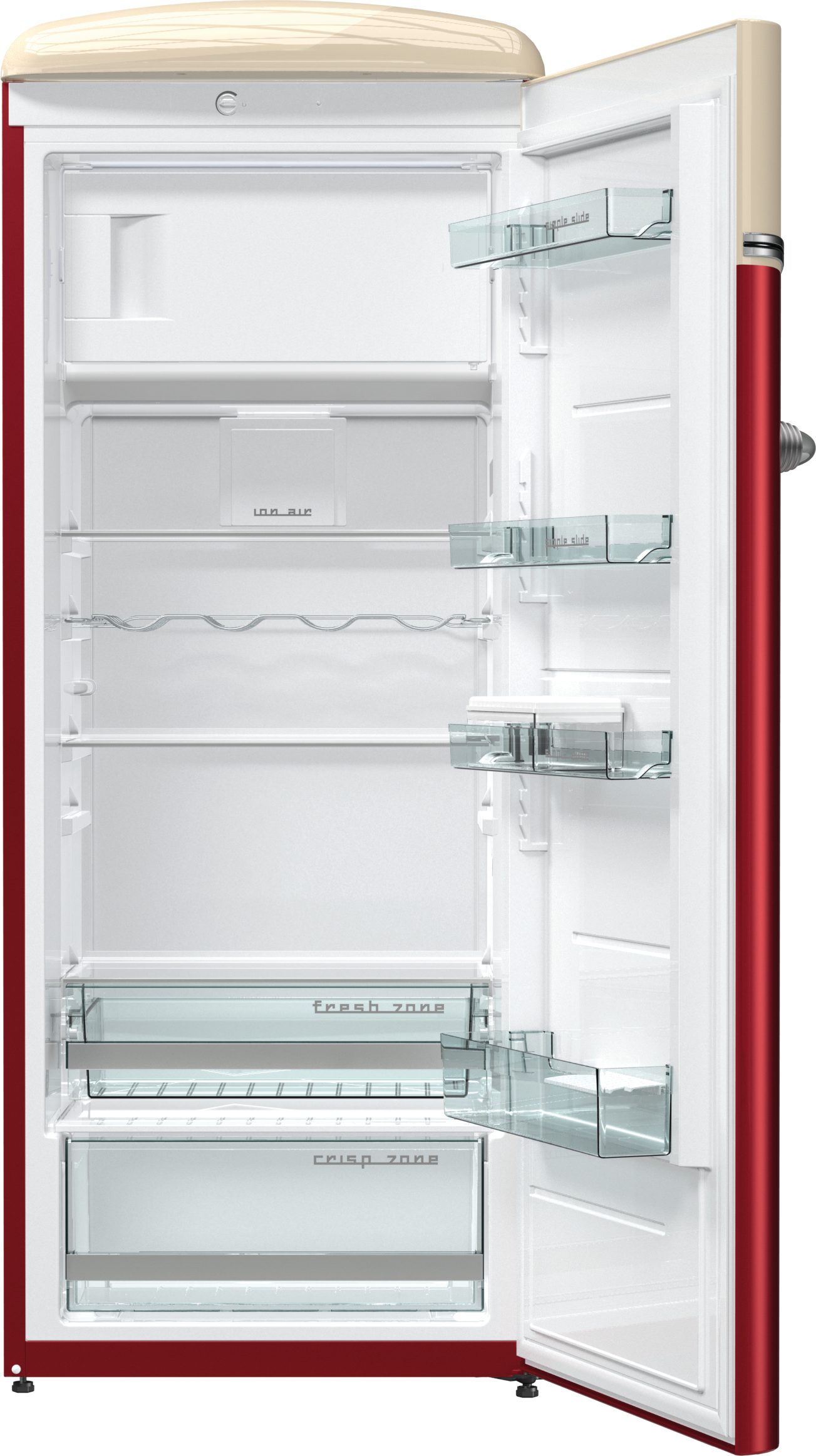 GORENJE OBRB 153 R Retro design hűtőszekrény, Ionair+ Dynamicooling hűtés, FreshZone frissentartó, bordó