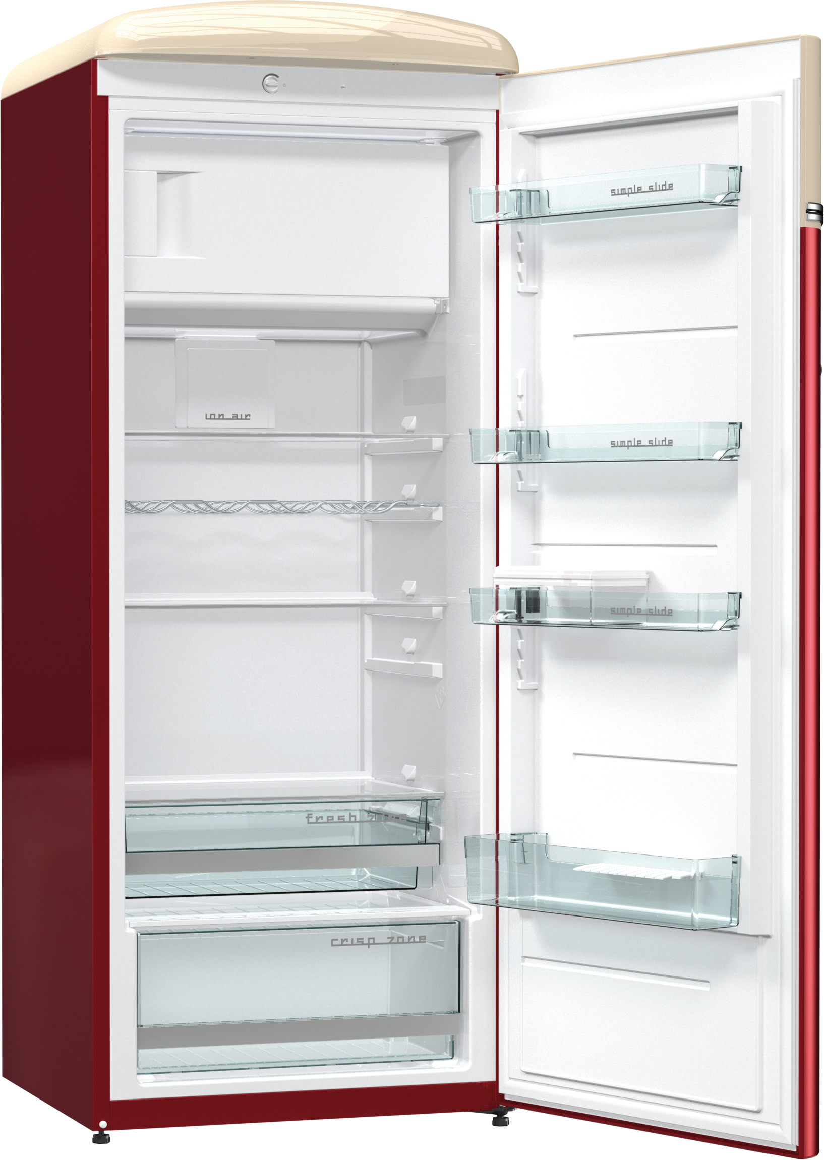 GORENJE OBRB 153 R Retro design hűtőszekrény, Ionair+ Dynamicooling hűtés, FreshZone frissentartó, bordó